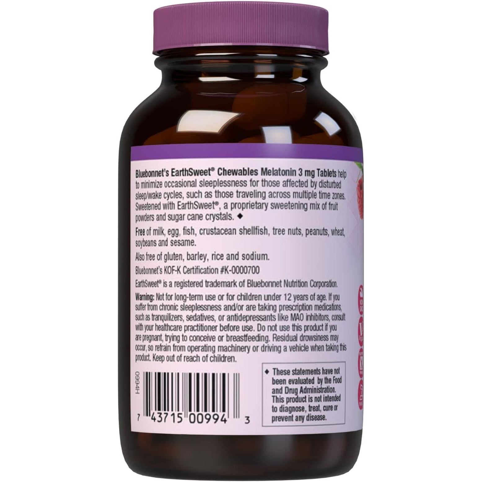 Bluebonnet Nutrition Earthsweet Melatonin 3 Mg Fast-Acting Quick Dissolve Nighttime Relaxation & Restful Sleep Support - Sleep Aid - Gluten-Free, Vegan - Raspberry Flavor - 120 Chewable Tablets