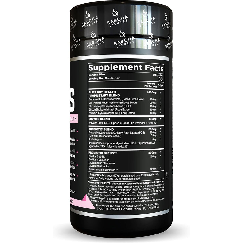 SASCHA Fitness®️Gut and Digestive Health Support Pills | Prebiotics, Probiotics & Enzyme Blend |Berberine Hci,Gluco Vantage®|Helps with Bloating,Fat Loss, Cravings,Glucose Metabolism,30 Day Supply