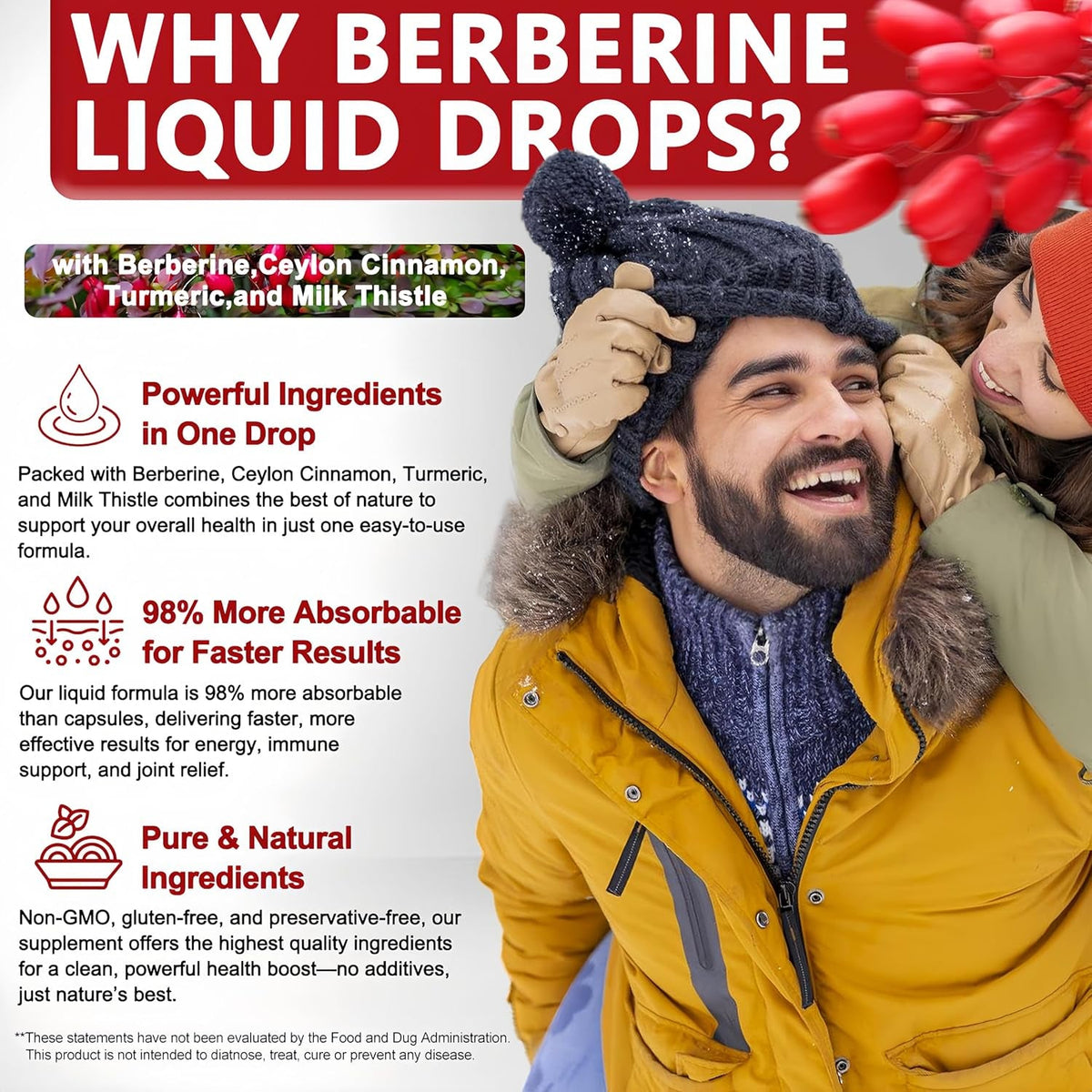 Berberine Drops, High Absorption 6-In-1 Liquid Berberine Supplement with Ceylon Cinnamon Milk Thistle Turmeric, Premium Berberine Hcl for Immune Function Metabolic & Digestive Support, 30 Servings