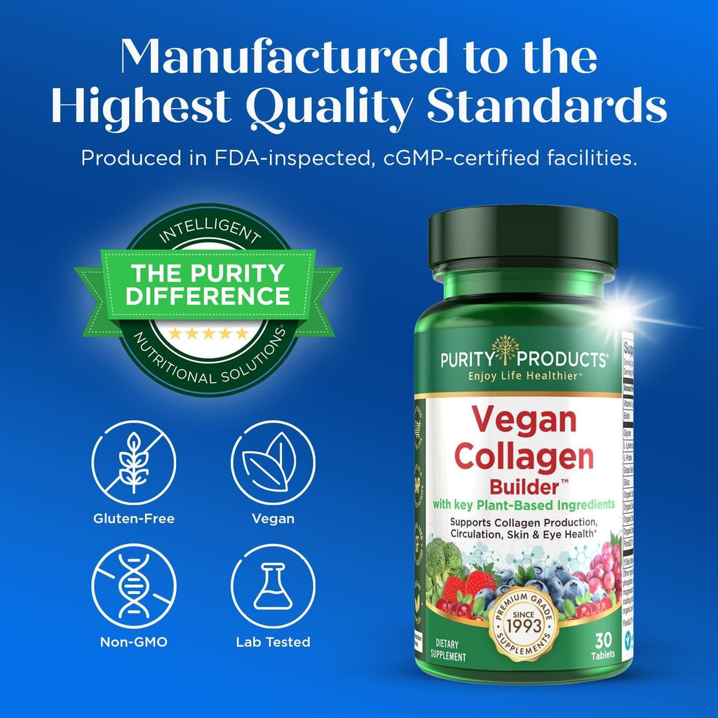 Vegan Collagen Builder - Organic Whole Foods Fruits + Veg, Silica, Lutein, Vitamin C, Biotin, Grape Seed - Amino Acids Glycine, Lysine + Proline Collagen Boosters (30 Servings, Tablets)