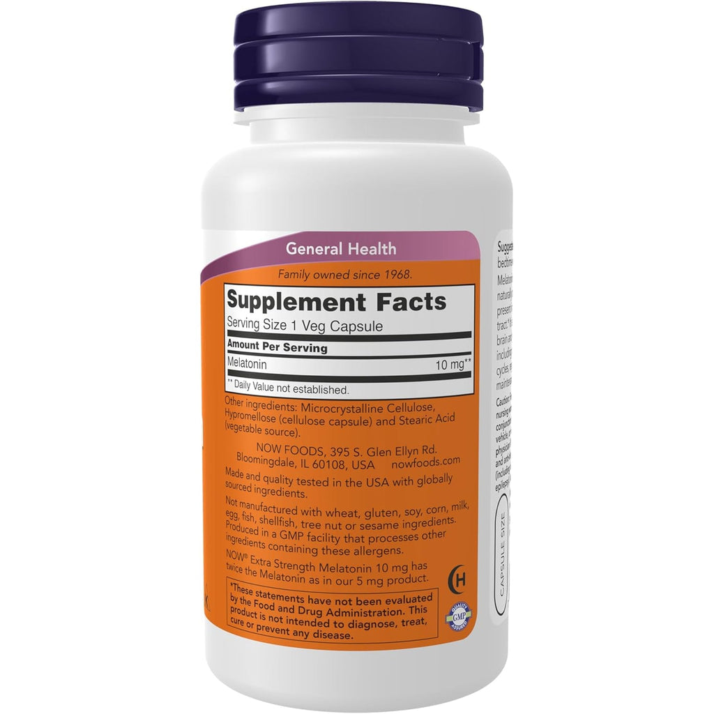 NOW Foods Supplements, Melatonin, Extra Strength 10 Mg, Free Radical Scavenger*, Healthy Sleep Cycle*, 100 Veg Capsules