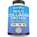 Nutrivein Premium Multi Collagen Pills 2250 Mg - 180 Easy-To-Swallow Collagen Capsules: Type I, II, III, V, X Hydrolyzed Protein Peptides for Women and Men - Aging, Joints, Hair, Skin, Bones, & Nails