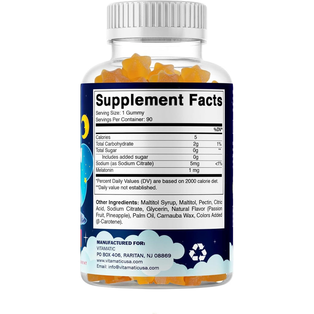 Vitamatic Sugar Free Kids Melatonin 1Mg, 90 Gummies, Pineapple & Passionfruit Flavored Gummies, 90 Days Supply
