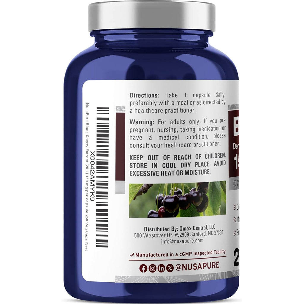 Nusapure Black Cherry Extract 150Mg 250 Veg Capsules Max Potency, Non-Gmo, Bioperine