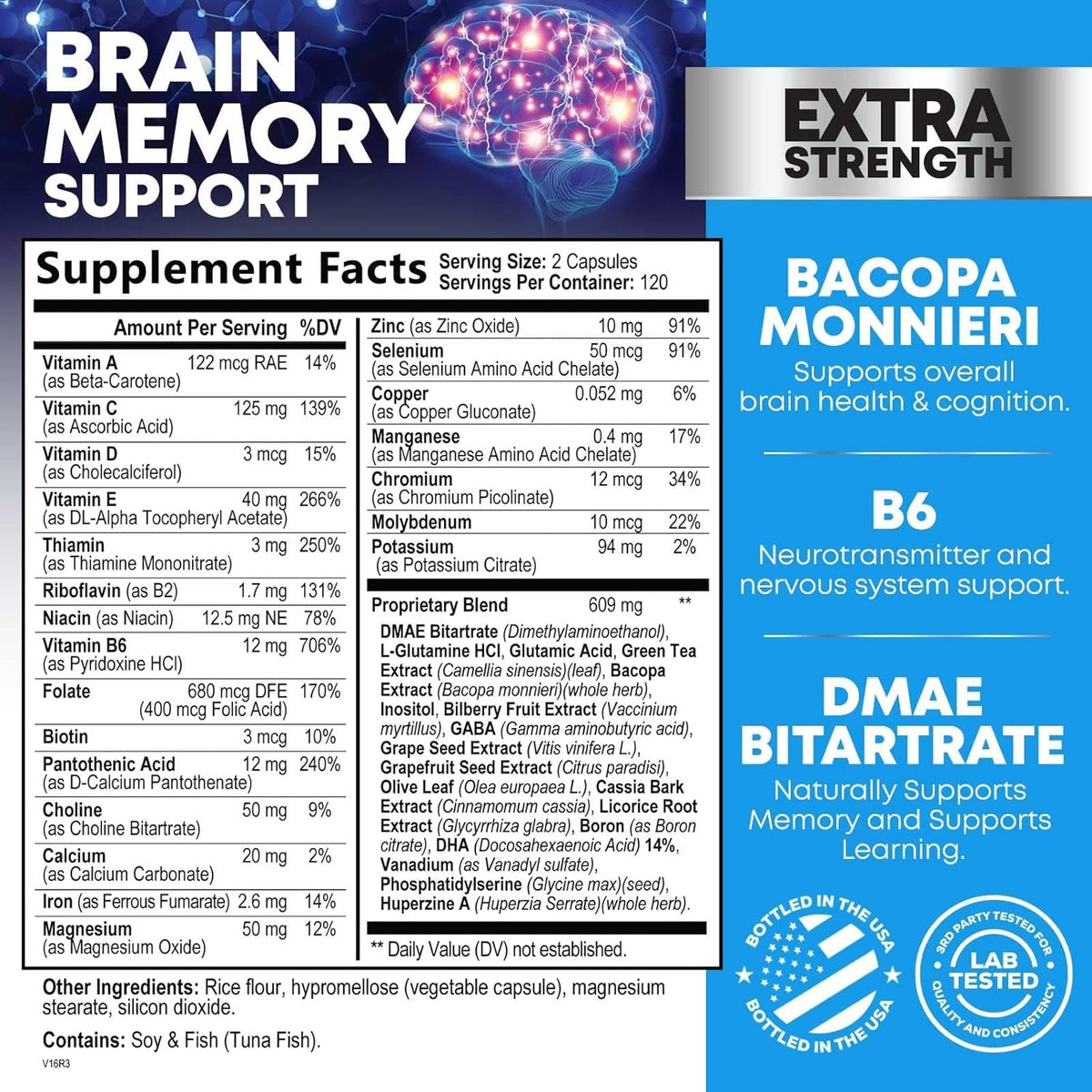 Brain Memory Supplement Pills - 3X Strength Nootropics for Concentration, Clarity & Focus Support - Brain Health Cognitive Vitamins with Bacopa, Phosphatidylserine & DMAE, Brain Booster - 240 Capsules