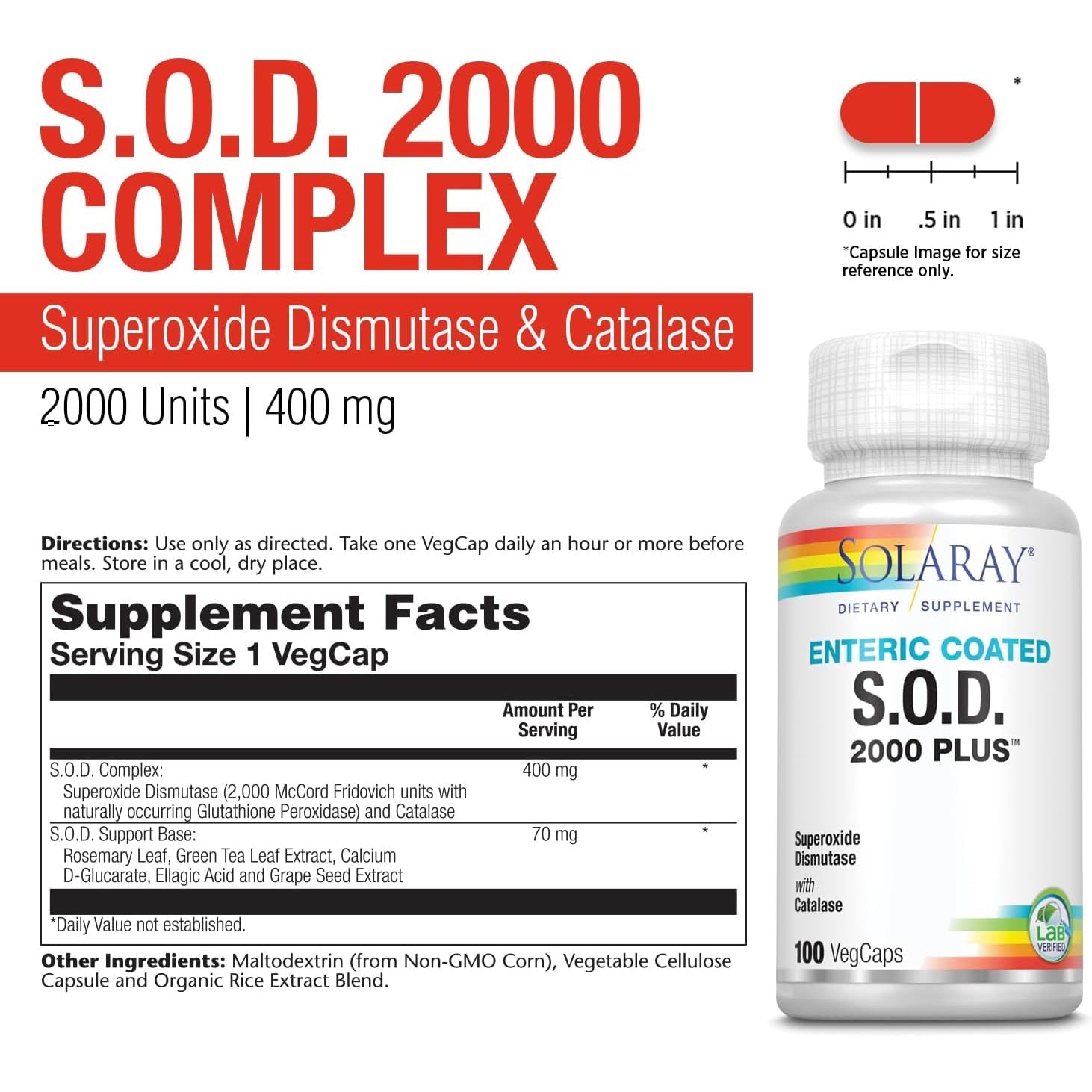 SOLARAY S.O.D. 2000 plus - Superoxide Dismutase (SOD) and Catalase Antioxidant Supplement, Wellness Support - W/Green Tea Extract, Calcium, Rosemary, Grape Seed Extract, 60-Day Guarantee, 100 Servings