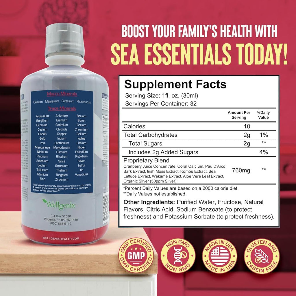 Wellgenix Sea Essentials Liquid Mineral Dietary Supplement with Trace and Macro Minerals and Coral Calcium – Sea Berry Flavor – 32 Fl Oz