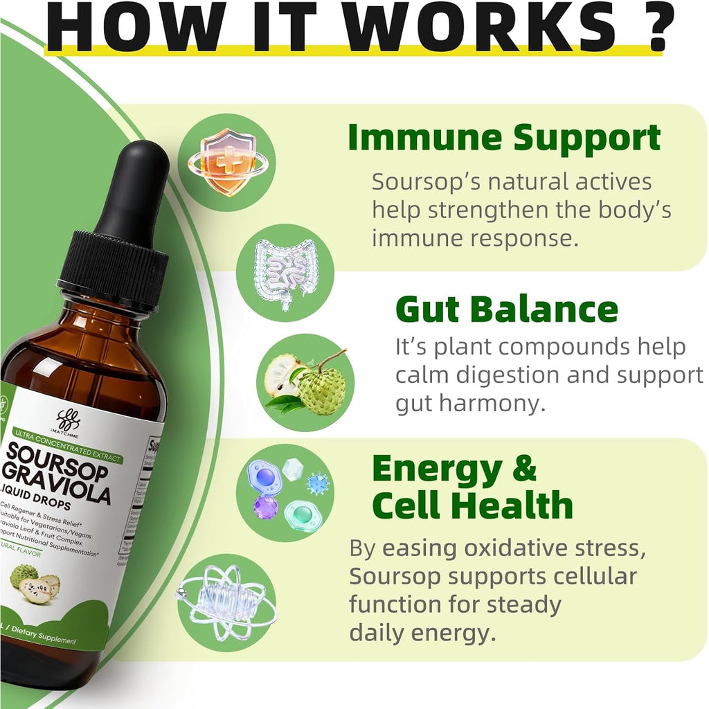 Imatchme Soursop Graviola Liquid Drop for Cell Support & Regeneration, Immune System and Gut Health Support, Soursop Bitters Liquid, Herbal Goodness, Sugar/Gluten Free, Natural Flavor, 2 Fl Oz