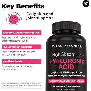 Vital Vitamins Hyaluronic Acid Supplements - Made with 200Mg of Low Molecular Weight Hyaluronic Acid - Supports Skin Hydration & Elasticity from within - 60 Capsules, 60 Servings