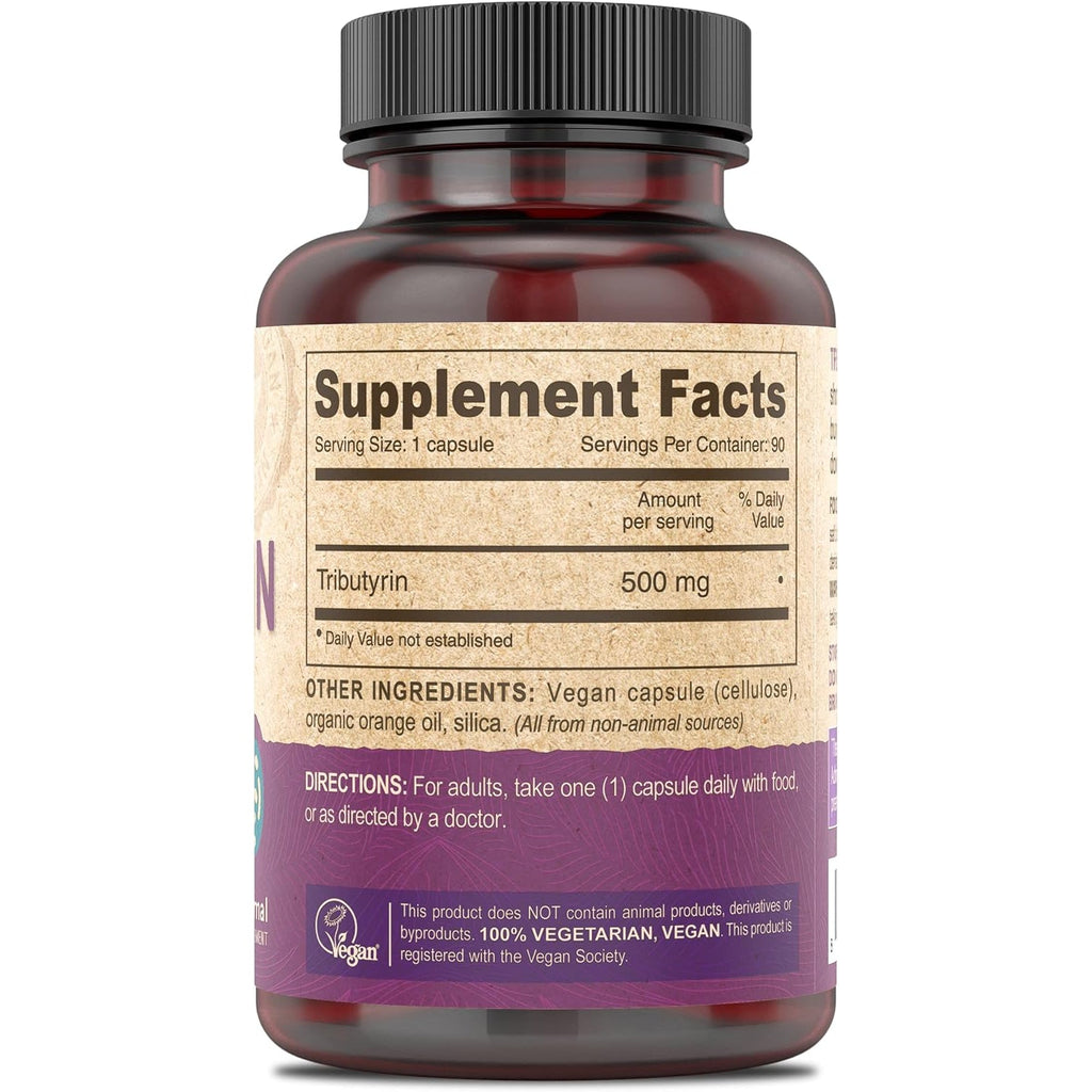 DEVA Vegan Tributyrin Supplement - Butyrate Precursor, Gut Barrier Support, Butyric Acid, 500 MG Vegan Capsules, Leaky Gut Support, Digestion, 90 Count
