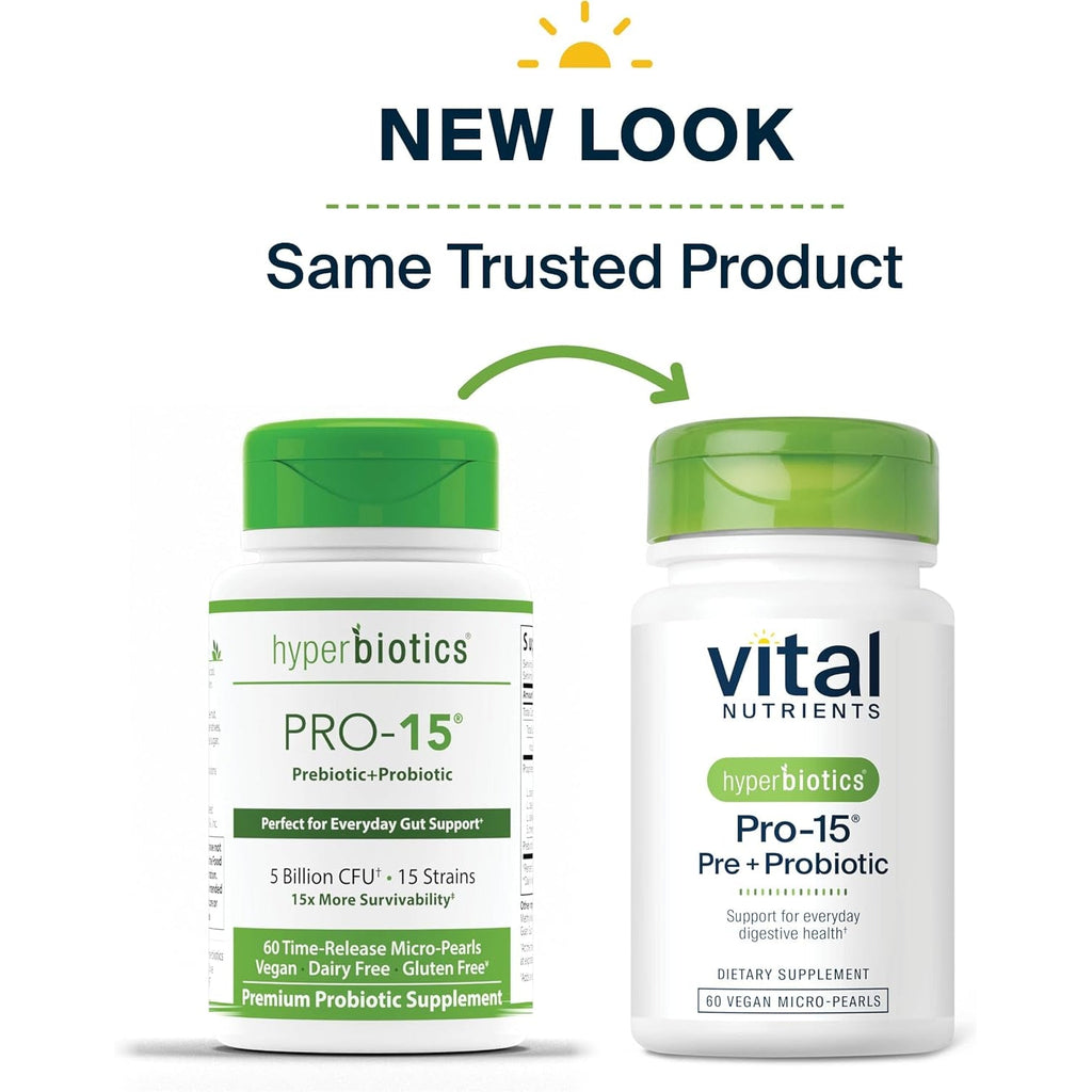 Hyperbiotics Vital Nutrients Pro-15 Prebiotics and Probiotics for Women and Men | 15 Science Backed Strains | Supports Occasional Constipation, Diarrhea, Gas & Bloating | 60 Vegan Time Release Pearls