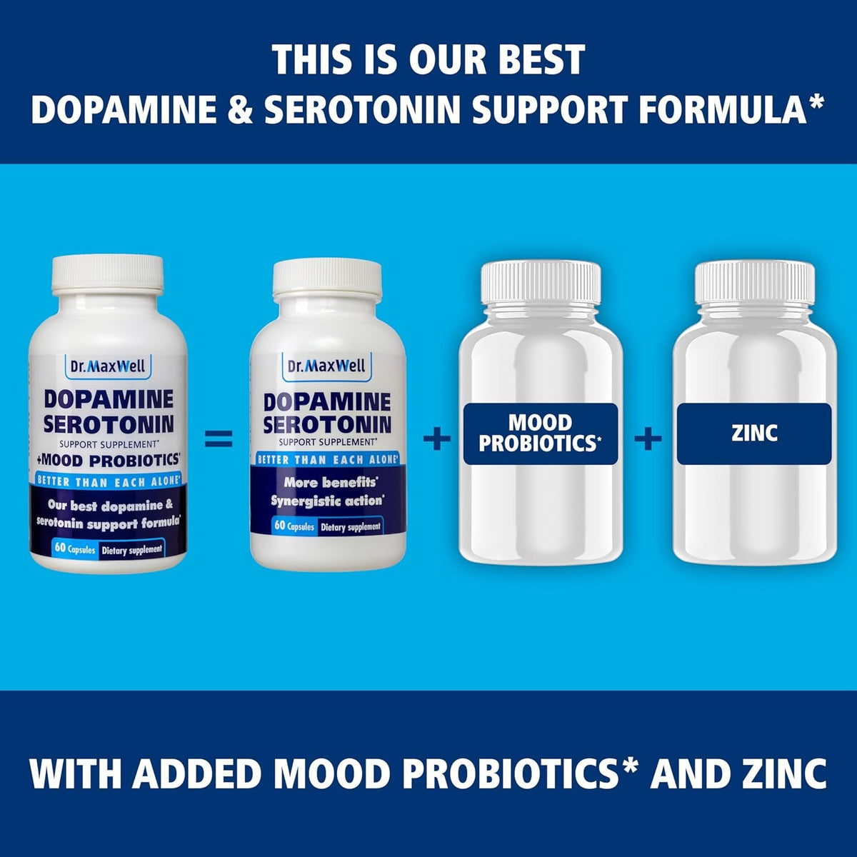 Dr. Maxwell Serotonin and Dopamine Supplements with Mood Probiotic, 5In1 Support for (1) Dopamine (2) Serotonin (3) Mood (4) Relaxation (5) Focus & Brain, 60 Capsules