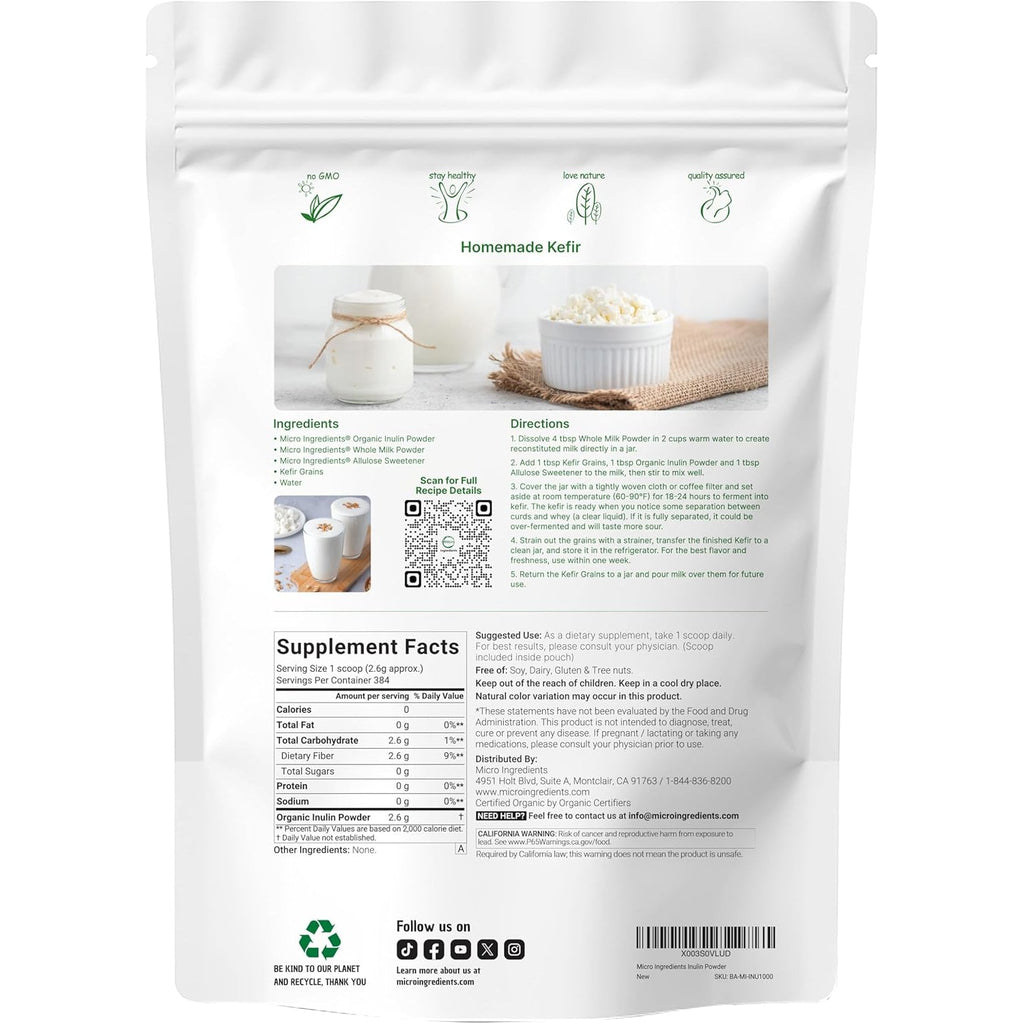 Micro Ingredients Organic Inulin FOS Fiber Powder, 2.2 Lbs | Quick Water-Soluble Prebiotic | Natural Fiber for Smoothies & Drinks | Vegan Friendly, Dissolves Clear