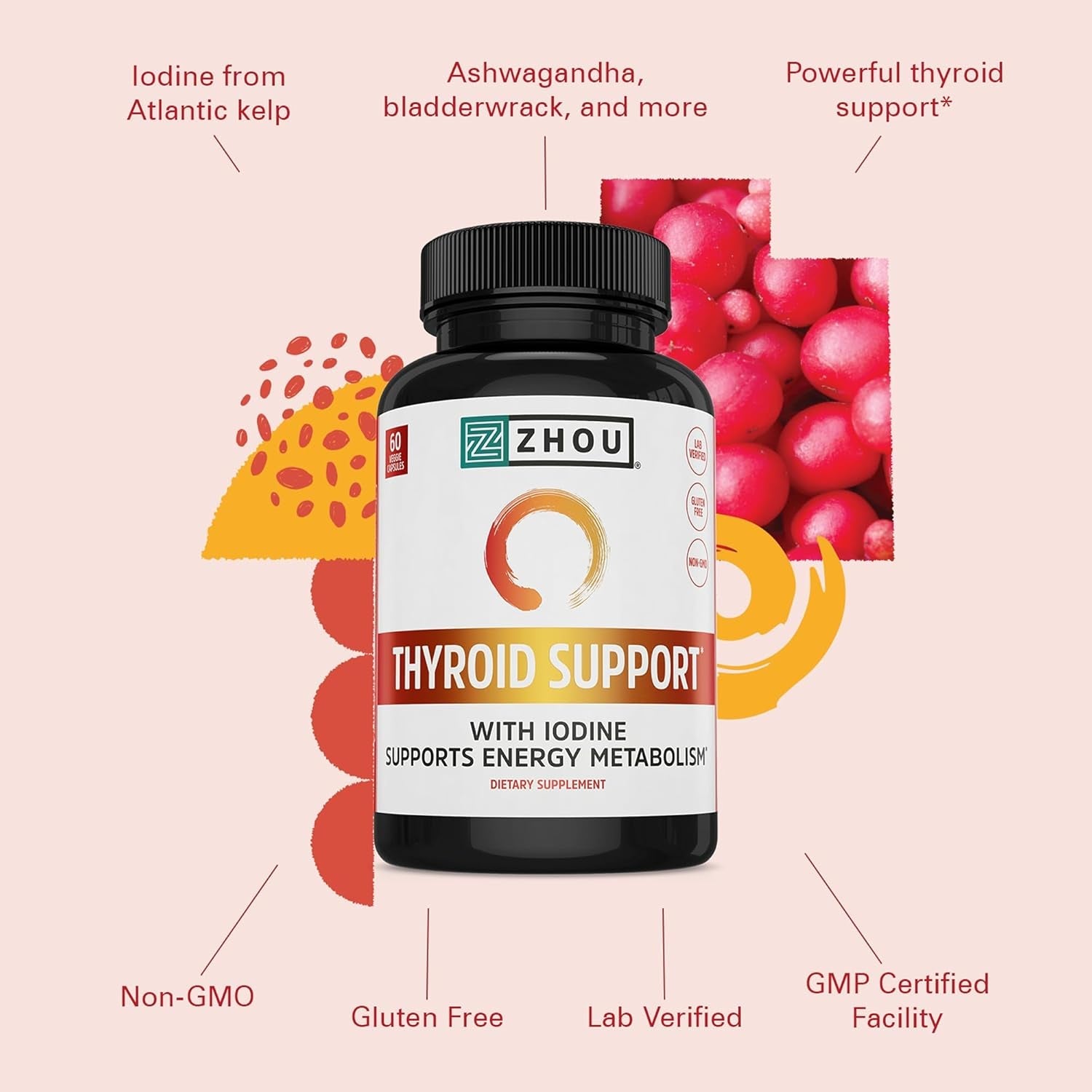 ZHOU Thyroid Support - Thyroid Supplement for Women & Men with Zinc, Iodine, & Selenium, Cellular Energy Thyroid Complex with Ashwagandha, Kelp - 60 Veggie Capsules (Pack of 1)
