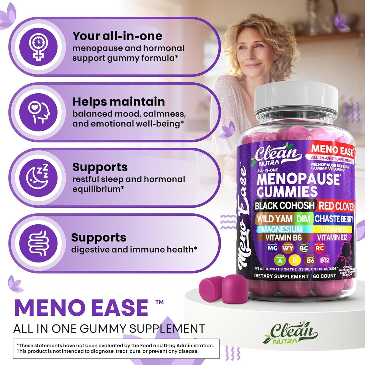 Menopause Supplement for Women Gummies with Black Cohosh, Wild Yam, DIM, Magnesium, Red Clover Chasteberry for Hormone Balance Relief Night Sweats Mood plus Bergamot, Vitamin D3, Vitamin B6 B12