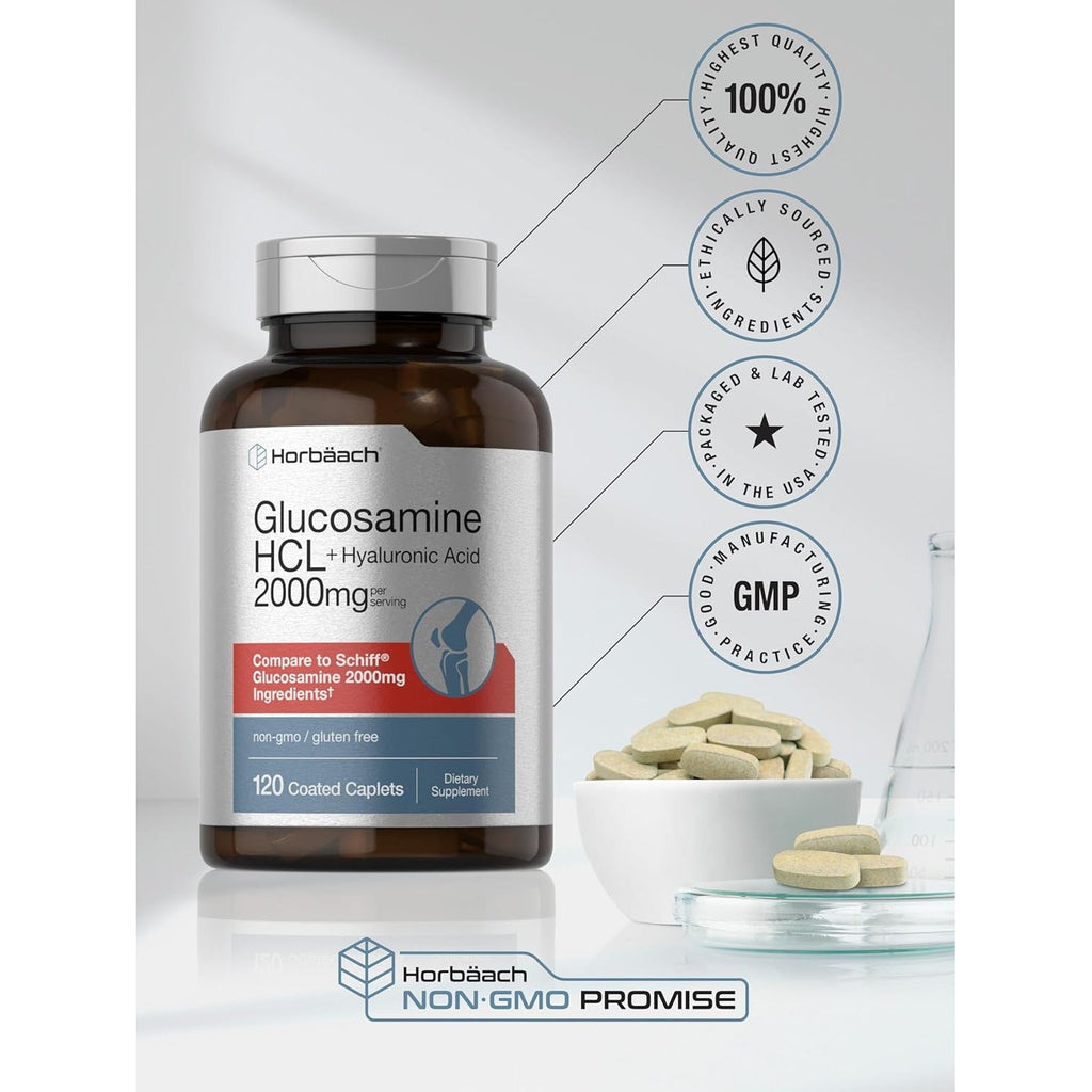 Horbäach Glucosamine HCL | with Hyaluronic Acid | 2000Mg | 120 Coated Caplets | Non-Gmo & Gluten Free Supplement