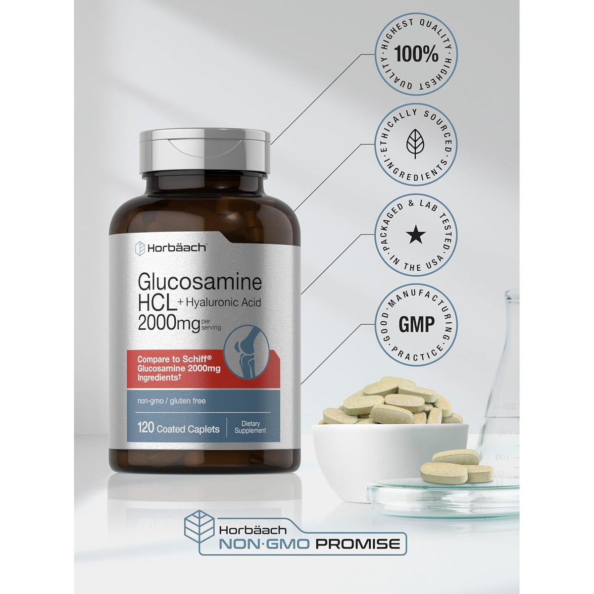 Horbäach Glucosamine HCL | with Hyaluronic Acid | 2000Mg | 120 Coated Caplets | Non-Gmo & Gluten Free Supplement