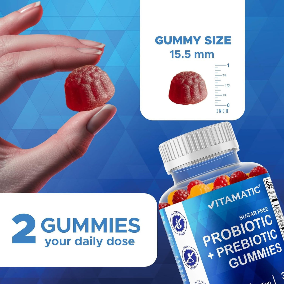 Vitamatic Probiotic Sugar Free Gummies for Men and Women – 5 Billion Cfus Digestive, Immune & Gut Health Support – Gluten Free