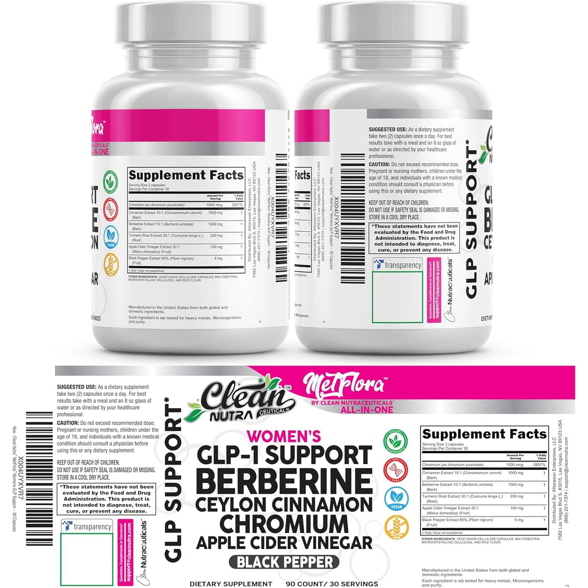 Berberine 1500Mg Supplement with Apple Cider Vinegar Capsules - Women'S GLP-1 Support with Ceylon Cinnamon, Chromium Picolinate & Black Pepper Extract - Metabolic Wellness - 90 Vegetarian Capsules