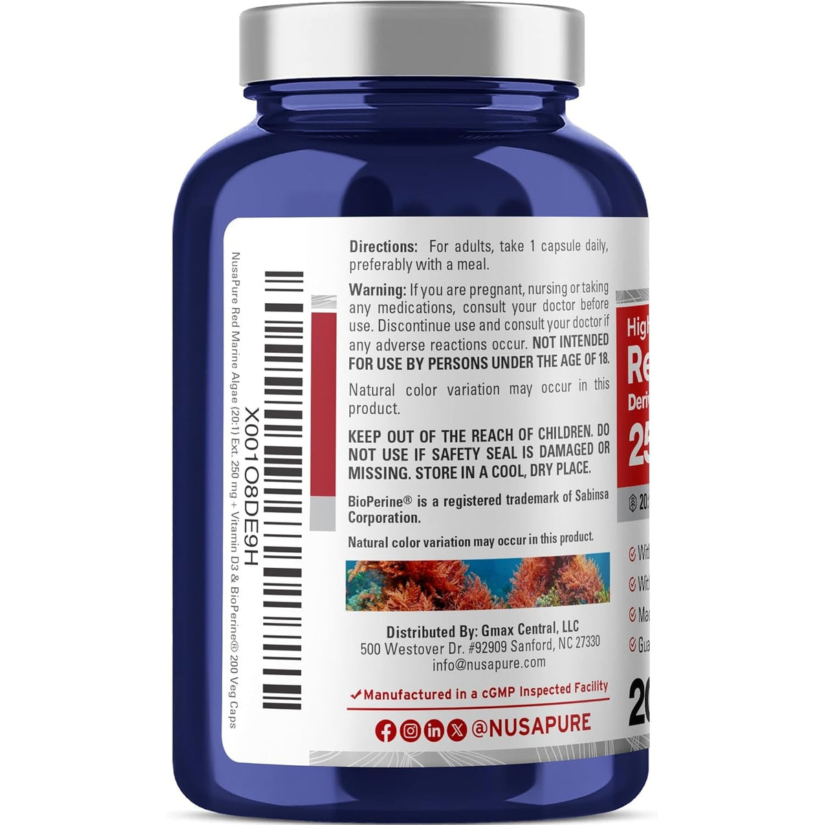 Nusapure Red Marine Algae Capsules, 250 Mg, 200 Veg Capsules (Soy Free, Non-Gmo)