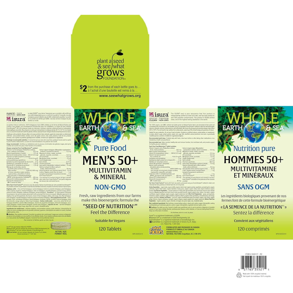Natural Factors Whole Earth & Sea Men'S 50+ Multivitamin & Mineral - Daily Nutritional Support Multivitamin - Supports Brain Health & Immune System Function - Vegan - 120 Tablets (60 Servings)