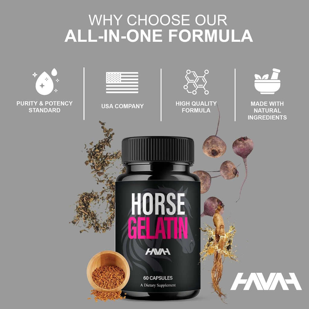 Havah Horse Gelatin Advanced Overall Support Capsules, Horse Gelatin Advanced All Natural Health Management and Overall Wellness Support Supplement Formula Pills (1 Pack - 60 Capsules)