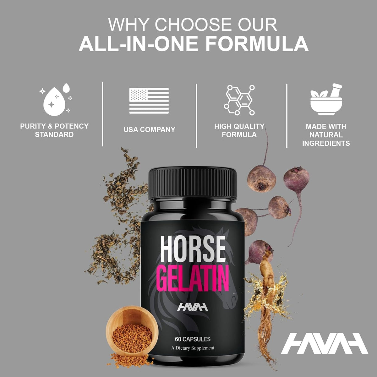 Havah Horse Gelatin Advanced Overall Support Capsules, Horse Gelatin Advanced All Natural Health Management and Overall Wellness Support Supplement Formula Pills (1 Pack - 60 Capsules)