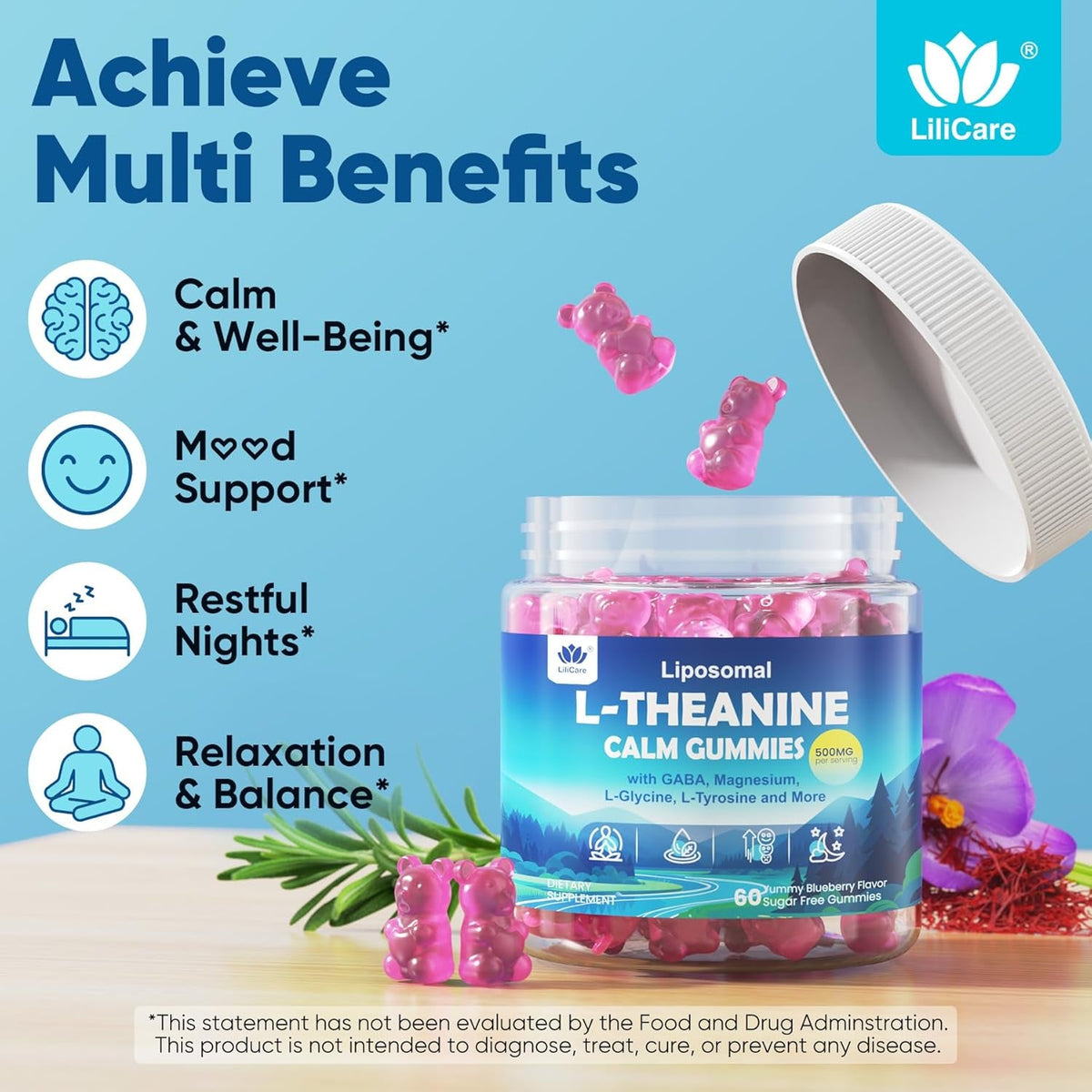 L Theanine Calm Gummies 500Mg, Sugar-Free Liposomal L-Theanine Supplement, W/Safforn, Magnesium Glycinate, GABA, Ashwagandha, Algae Omega-3, Vitamin D3 B12, for Brain Calm, Relax, Mood, Zzz, 120Cts
