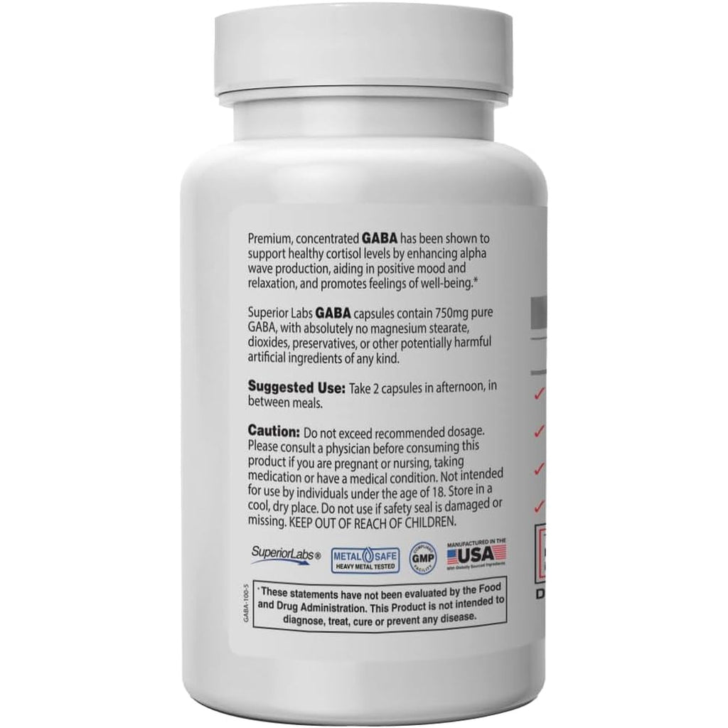 Superior Labs | GABA Supplement 750Mg | Maximum Strength Mood Enhancement | Natural Relief of Simple Nervous Tension, Promotes Mood Balance, Sleep Quality, and Natural Brain Function*