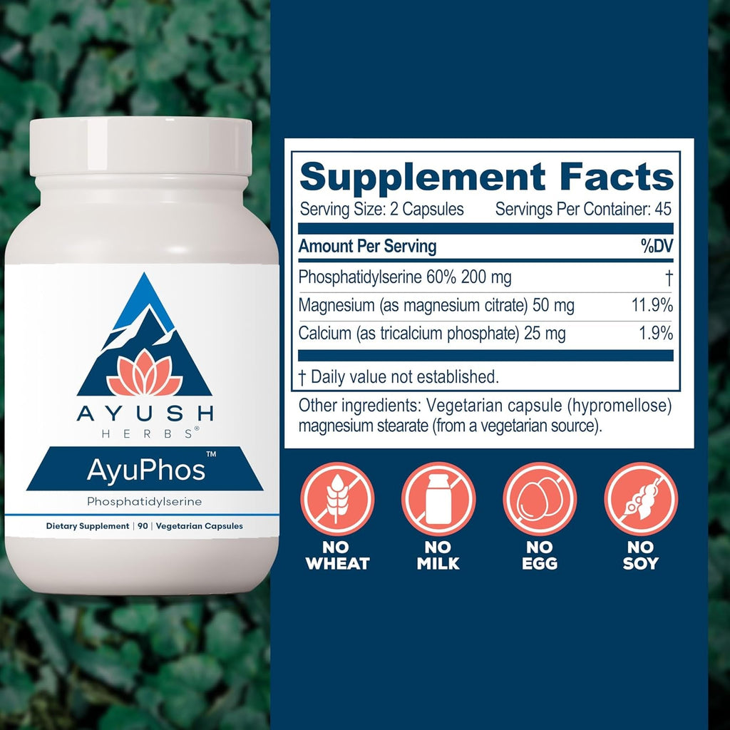 Ayush Herbs Ayuphos - Phosphatidylserine Supplement for Men & Women, Soy-Free Phosphatidyl Serine, Brain, Memory, & Cognitive Support for Adults, 200Mg per Pill - 45 Servings