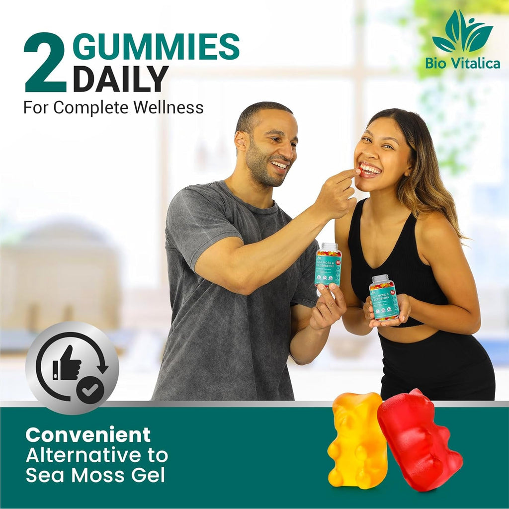 Irish Sea Moss Gummies with Elderberry – USA Made Vegan Gummies with Vitamin C, D & Zinc – Immune Support Supplement with Bladderwrack & Burdock Root for Adults & Kids – 60 Count