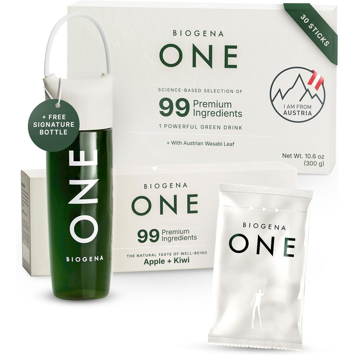 BIOGENA ONE All-In-One Super Greens Powder - 30 Travel Packs + Shaker - Supports Energy Metabolism & Immune Function**- 99 Nutrients with Probiotics, Vitamins & Coq10 - No Added Sugar - Apple-Kiwi