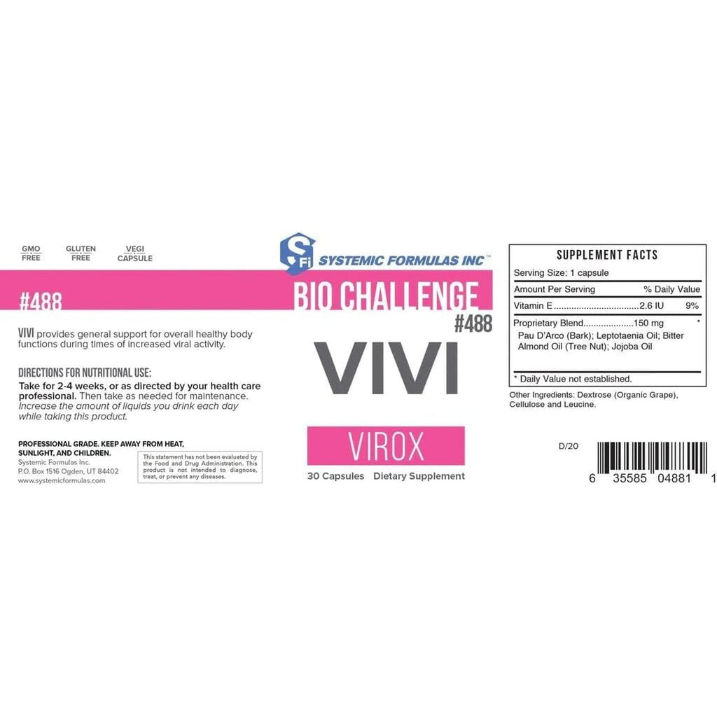 Systemic Formulas Bio Challenge #488 VIVI Virox - 30 Capsules. Powerful Immune Support Blend with PAU D’Arco, Leptotaenia Oil (Lomatium Dissectum), Bitter Almond Oil, Jojoba Oil and Vitamin E.