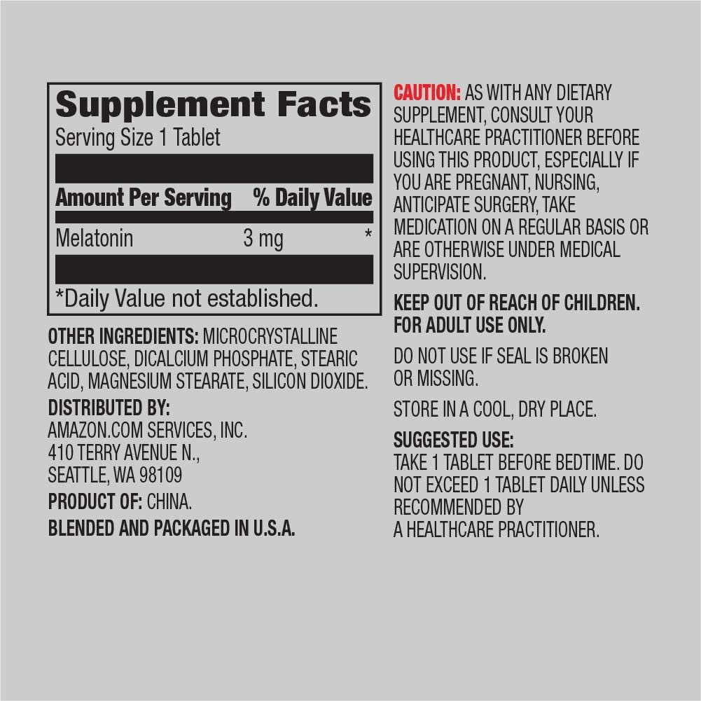 Amazon Elements Melatonin, 3Mg, Vegan, Unflavored, 260 Tablets, 8 Month Supply (Packaging May Vary)