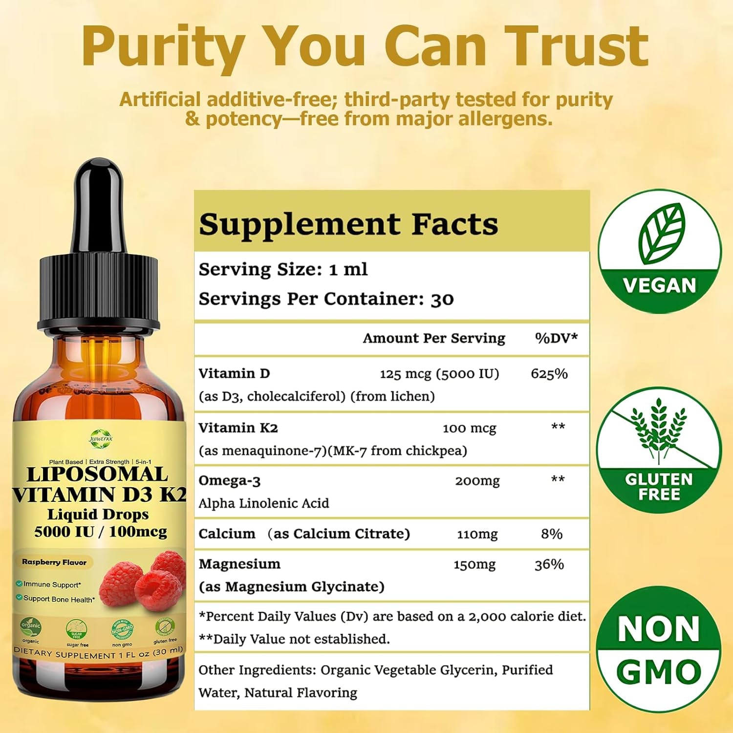Liquid Vitamin D3 K2 Drops with Calcium Magnesium Omega3, High Potency 5-In-1 D3 K2 Vitamin 5000 IU Supplement for Bone Health, Heart Teeth & Immue, Ultra High Absorption Liposomal D3K2 Plant-Based