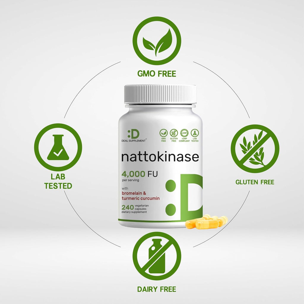 Nattokinase Supplement 4,000 FU per Serving, 240 Veggie Capsules – Japanese Natto with Bromelain, Turmeric Curcumin & Black Pepper Complex – Digestive Enzymes & Heart Health – Non-Gmo, Vegan