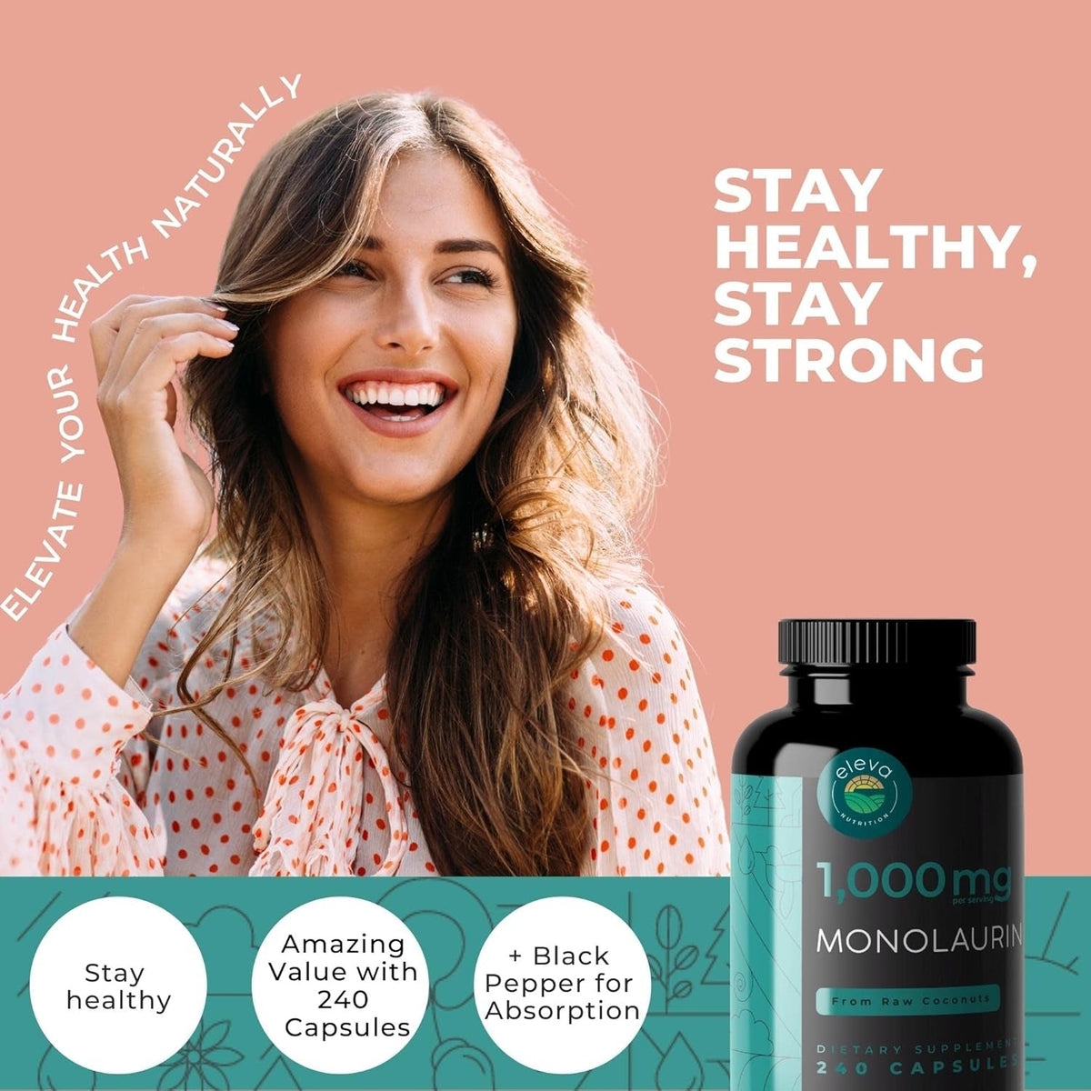 Monolaurin 1000Mg Capsules — Made with Pure Glycerol and Lauric Acid from Raw Coconut — Natural Vegans- Non-Gmo and Soy Free — 240 Capsules