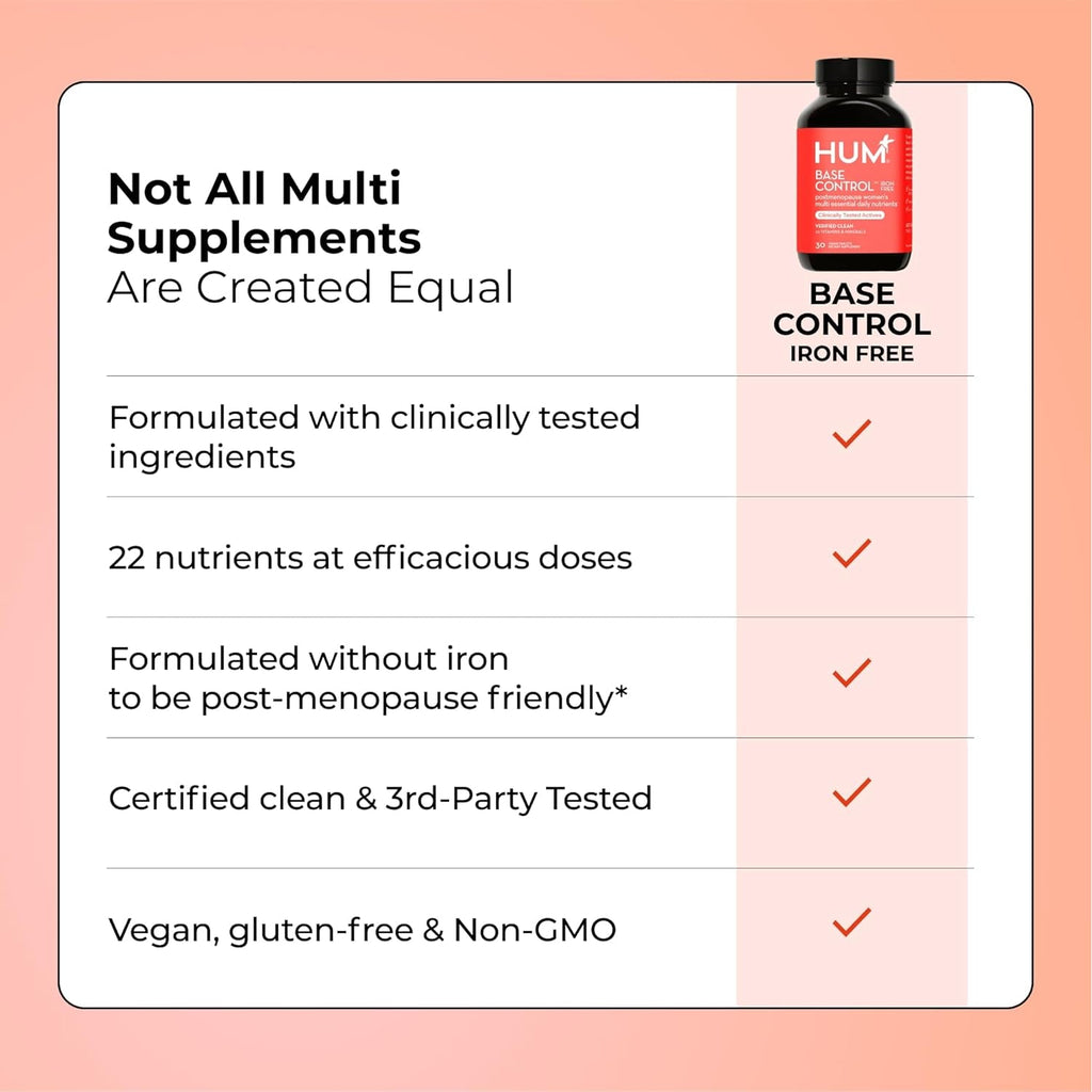 HUM Base Control Multivitamin for Women with Vitamin C, Biotin, Zinc, B Complex, Daily Women'S Multivitamin, 22 Essential Vitamins & Minerals, Support for Pre-Menopause, Gluten Free, 30 Capsules