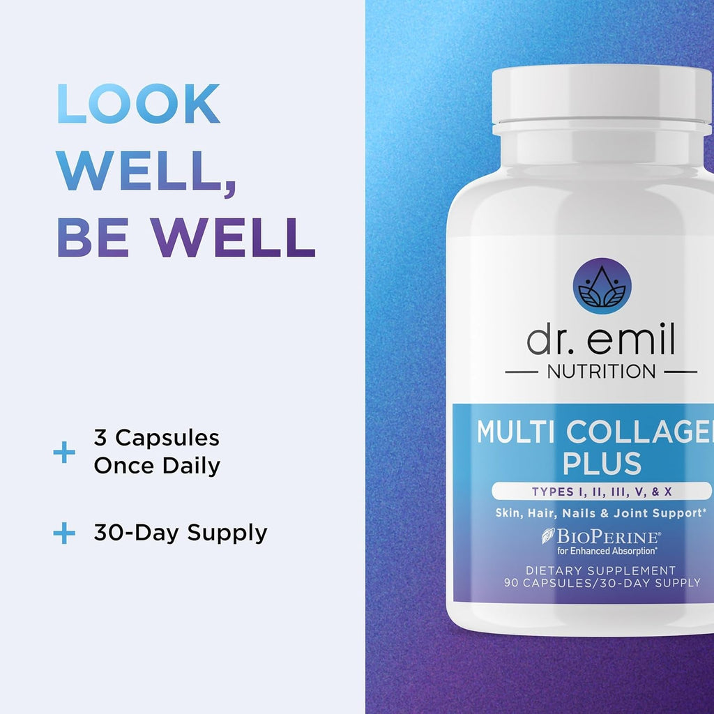 Dr. Emil Nutrition Multi Collagen - Hydrolyzed Collagen Supplement - Types I, II, III, V & X - Hair, Skin, Nails & Joint Support - Non-Gmo & Gluten-Free - 90 Capsules