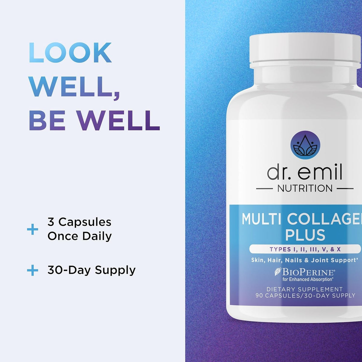 Dr. Emil Nutrition Multi Collagen - Hydrolyzed Collagen Supplement - Types I, II, III, V & X - Hair, Skin, Nails & Joint Support - Non-Gmo & Gluten-Free - 90 Capsules
