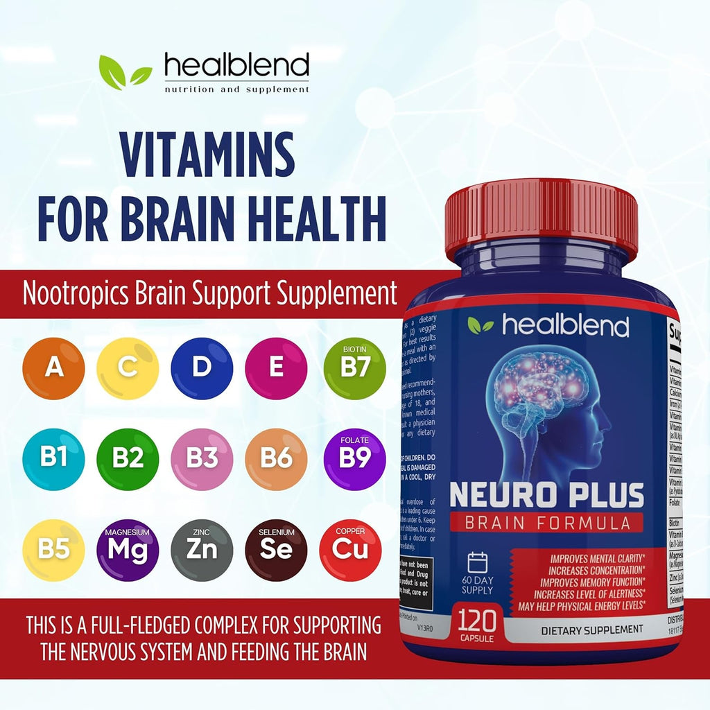 Neuro plus Brain & Focus Formula - Nootropic Brain Booster Supplement, Supports Brain Health, Mental Clarity & Focus - Enhances Concentration & Mental Energy – 120 Capsules (1)