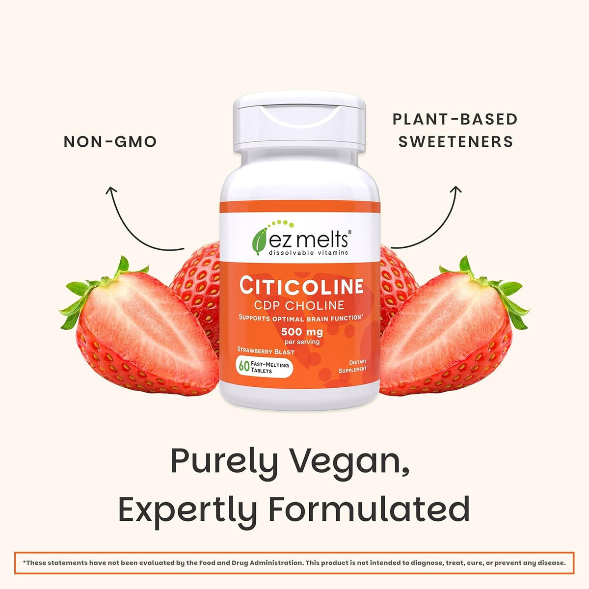 EZ Melts Citicoline - Brain Health & Memory Support Supplement - No Artificial Flavors - Non-Gmo & Vegan - Strawberry Blast - 60 Dissolvable Tablets (60 Servings)