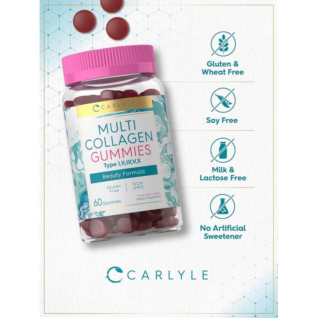 Carlyle Collagen Peptides Gummies | 60 Count | Multi Collagen Complex | Beauty Formula Supplement | Mixed Berry Flavor | Non-Gmo, Gluten Free