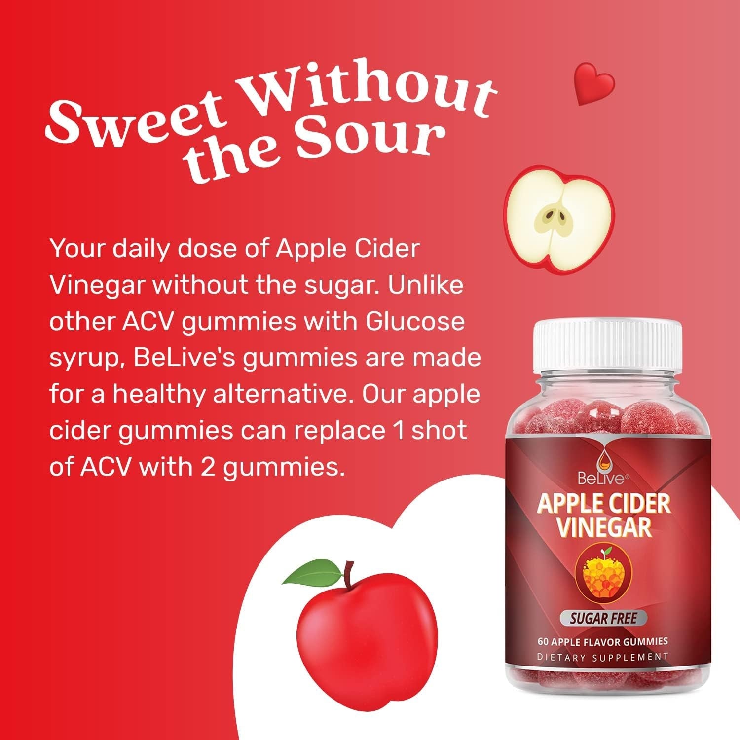 Belive Apple Cider Vinegar Gummies - ACV Gummies without Sugar I Detox & Cleanse Digestive Health I Alternative to Capsules, Vegan, Keto Friendly, Gluten Free | 60 Ct