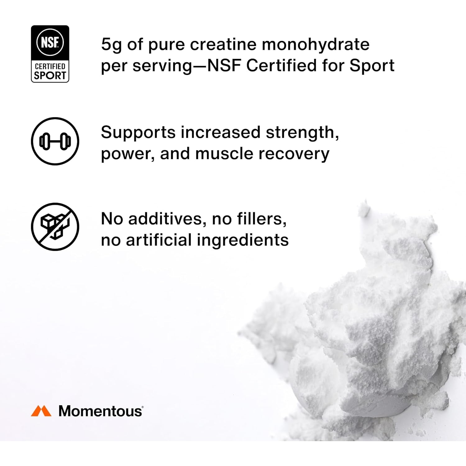 Momentous Creatine Monohydrate Powder - Creatine Powder - Supports Strength, Lean Muscle, & Recovery for Men & Women - NSF Certified for Sport - 5 G per Serving - 90 Servings