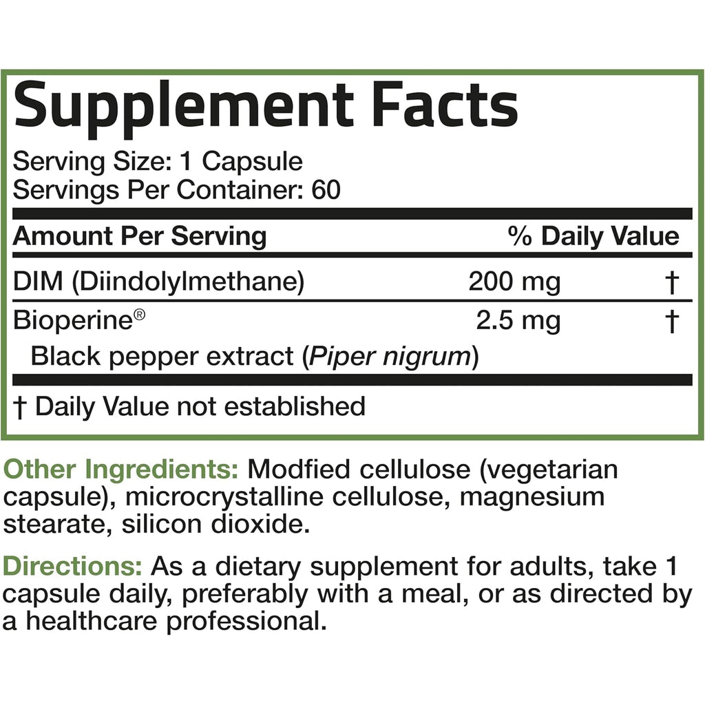 Bronson DIM 200 MG Supplement Diindolymethane with Bioperine for Enhanced Absorption, Estrogen Metabolism & Maintains Balanced Hormone Levels, 60 Vegetarian Capsules