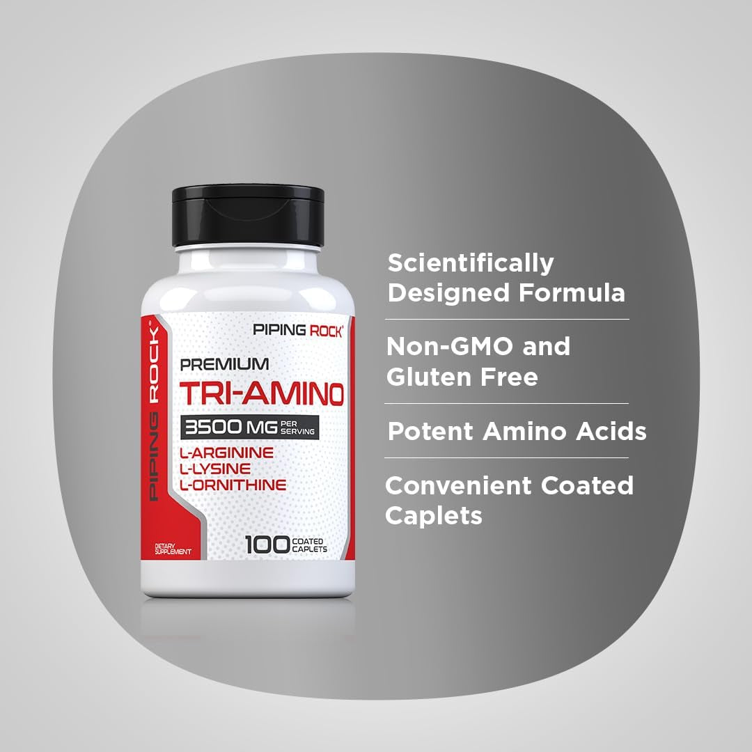Piping Rock Tri Amino Supplement | 100 Caplets | Complex with L-Arginine, L-Ornithine, L-Lysine | Vegetarian, Non-Gmo, Gluten Free