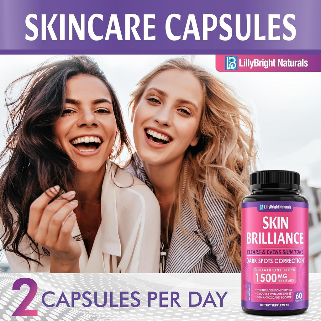 Glutathione Capsules - 1,500Mcg L-Glutathione Supplement with Vitamin C - Skin Tone Enhancer - Targets Dark Spots & Acne Marks - Antioxidant Supplement for Beauty & Health Support - 60 Skin Pills