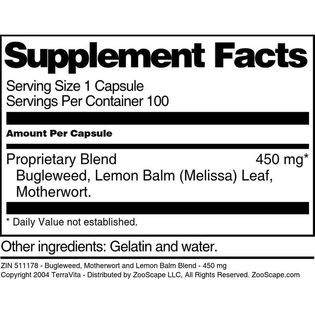 Terravita Thyroid Support - Bugleweed, Motherwort and Lemon Balm - 450 Mg (100 Capsules, ZIN: 511178)