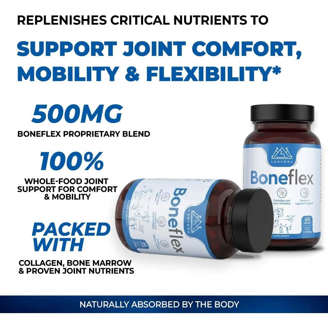 Lonvera Boneflex Glucosamine Chondroitin MSM Turmeric Joint Support Supplement with Grass Fed Bone Marrow and Collagen - Joint Supplements for Men and Women, 60 Capsules